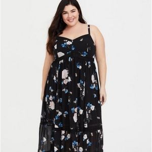 TORRID Black floral crochet chiffon maxi dress. Size 5
